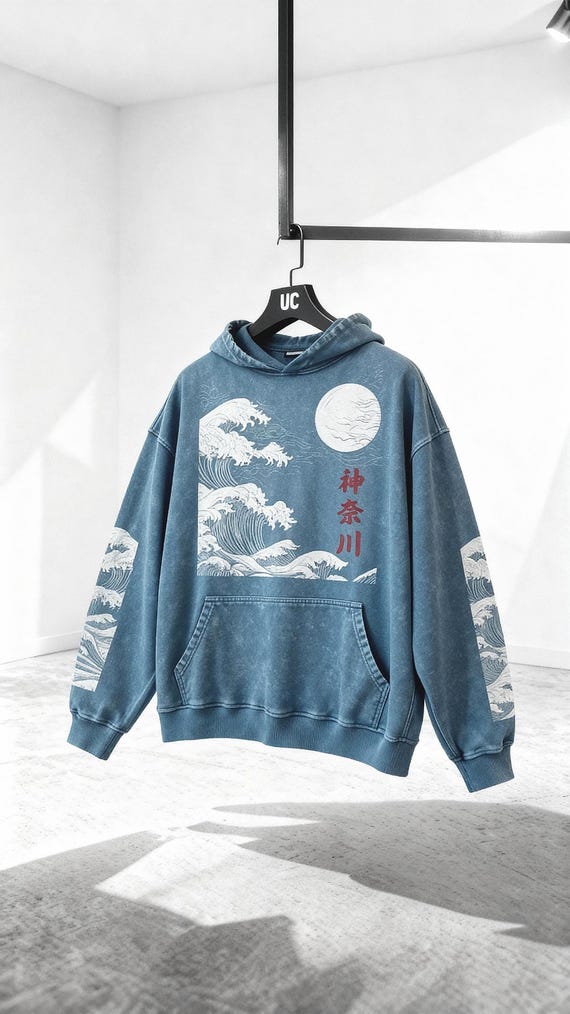 PREMIUM Kanagawa The Great Wave Snow Washed Oversize Retro Hoodie, High Quality, Japanese Streetwear, French Terry, Japan Design Fashion