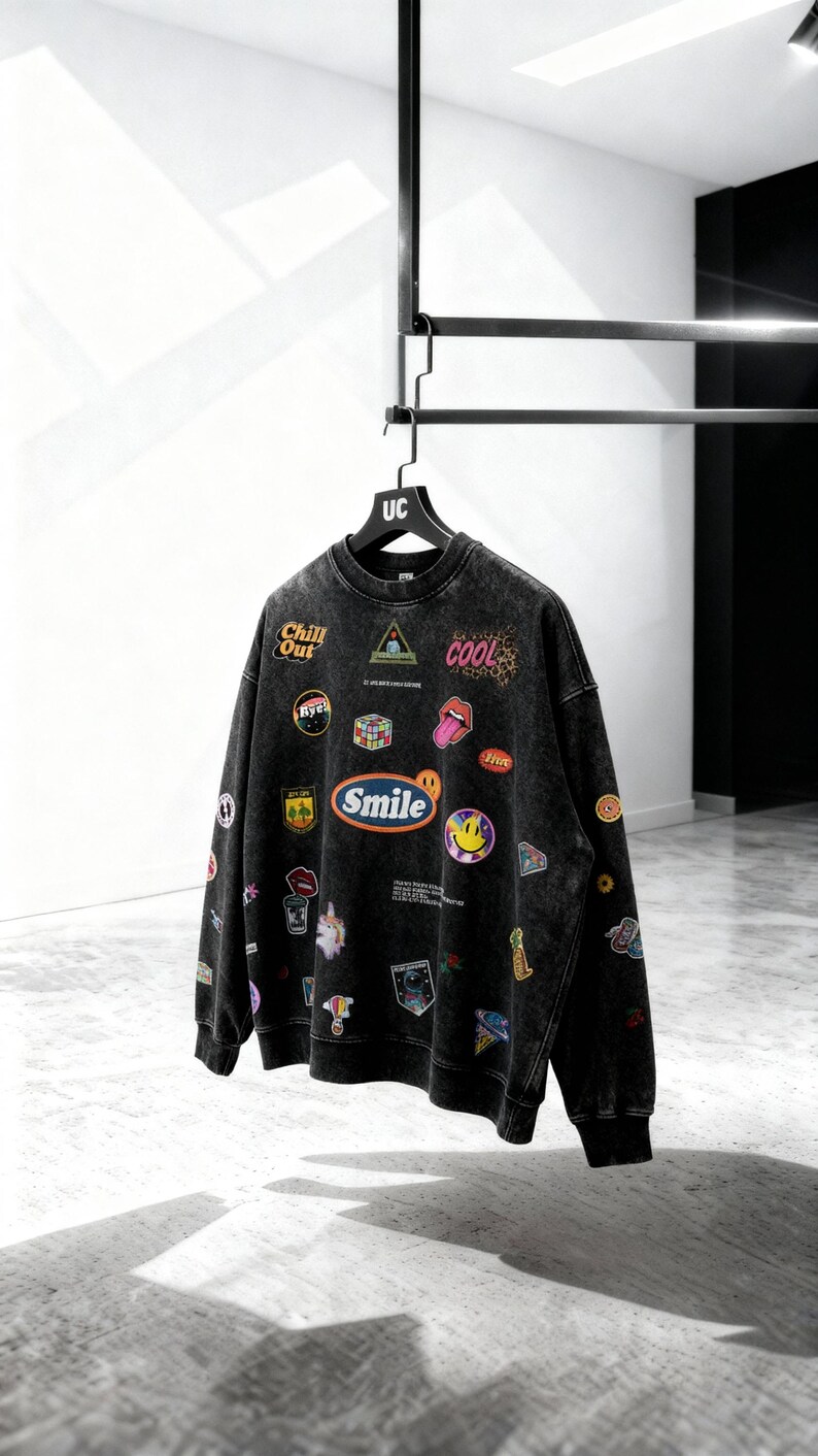 May include: Black acid wash sweatshirt decorated with colourful patches. Patches feature the words "Chill Out", "Cool", and "Smile", alongside various graphic designs. The sweatshirt is suspended on a black hanger.