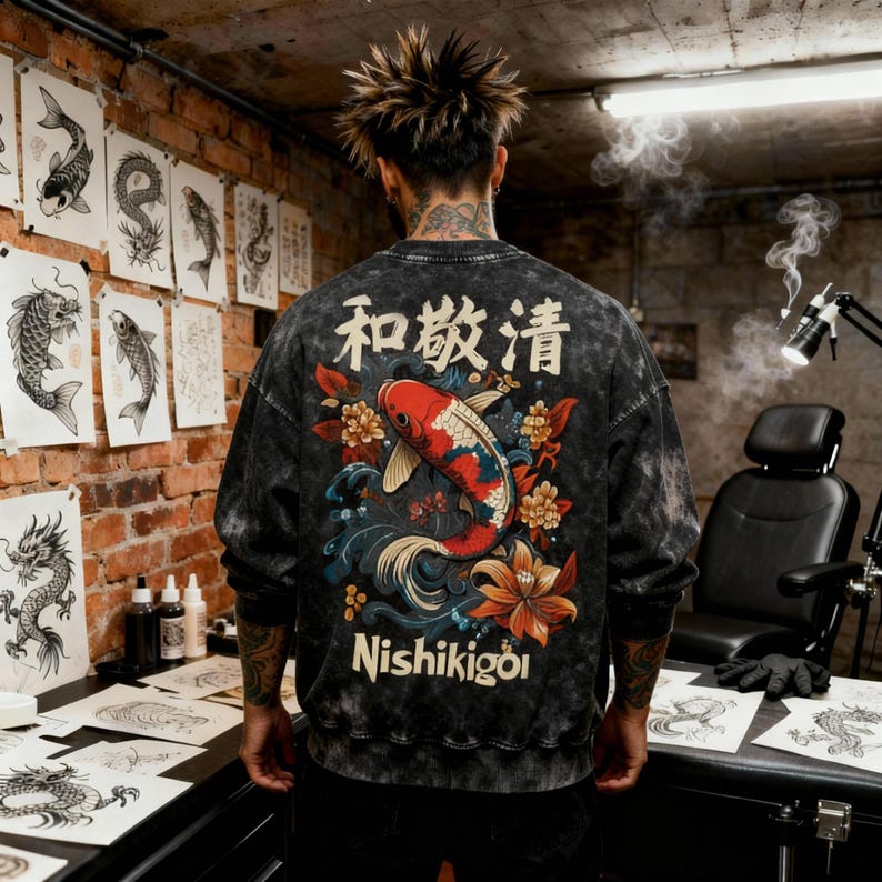 May include: A black and gray sweatshirt with a Japanese koi fish design. The design features a red, white, and blue koi fish with floral and wave elements. The text "和敬清" and "Nishikigoi" are also visible.