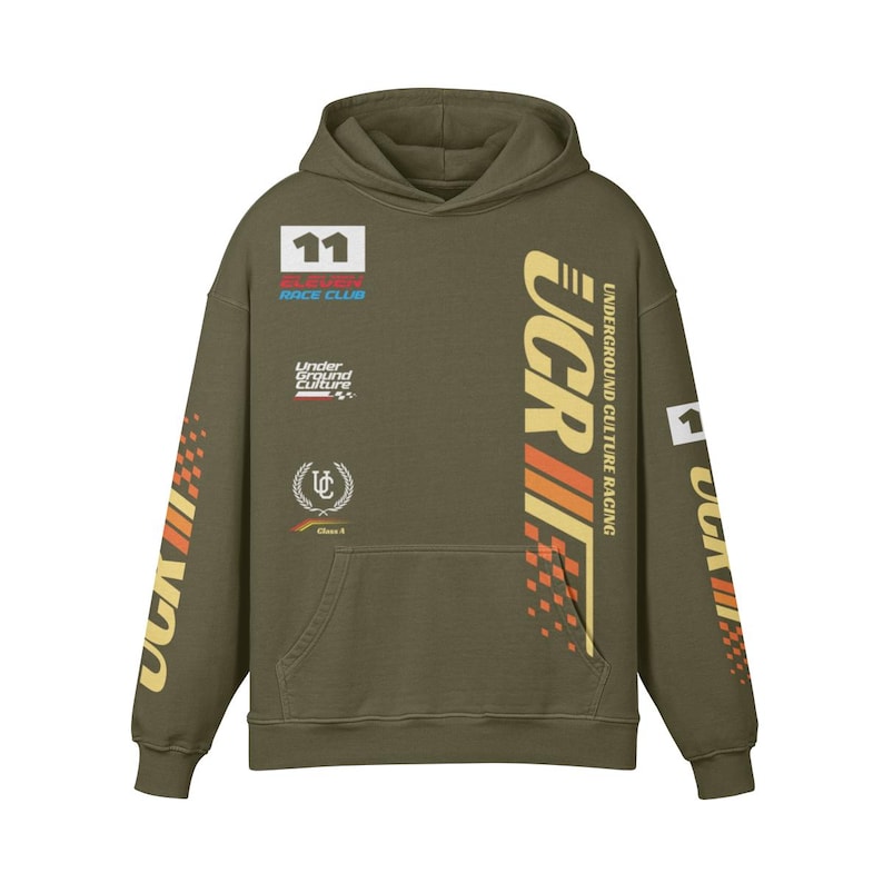 UC Racing Premium Oversize Hoodie, Washed High Quality Hoodie. Moto Racing Streetwear. Olive Green