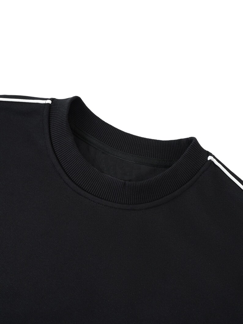 Y2K Streetwear Crewneck Sweatshirt - Black Contrast Tape Pullover, Heavyweight Oversize Fit, Premium Quality Urban Fashion, Black and White image 7