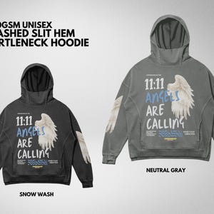 May include: Two unisex hoodies, one in snow wash and the other in neutral gray. Both feature a turtleneck hood and the text "11:11 Angels Are Calling" with angel wing graphics. The hoodies are made of 380GSM material.