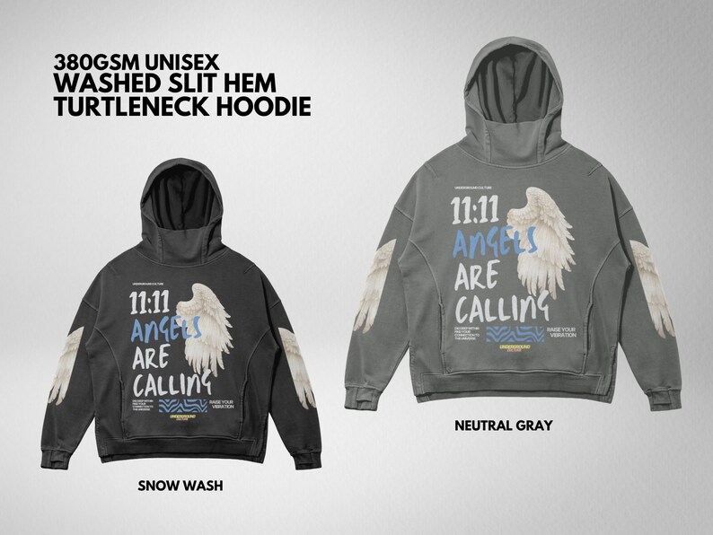 May include: Two unisex hoodies, one in snow wash and the other in neutral gray. Both feature a turtleneck hood and the text "11:11 Angels Are Calling" with angel wing graphics. The hoodies are made of 380GSM material.