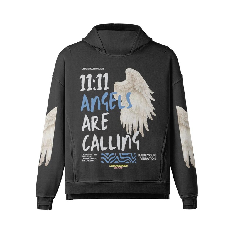 May include: Black hoodie with the text "11:11 Angels Are Calling" and a graphic of angel wings. The hoodie also features text that reads "Underground Culture" and "Raise Your Vibration."