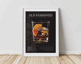 Old Fashioned Cocktail Wall Art | Old Fashioned Recipe Poster | Bar Wall Art | Man Cave Decor | Man Cave Art