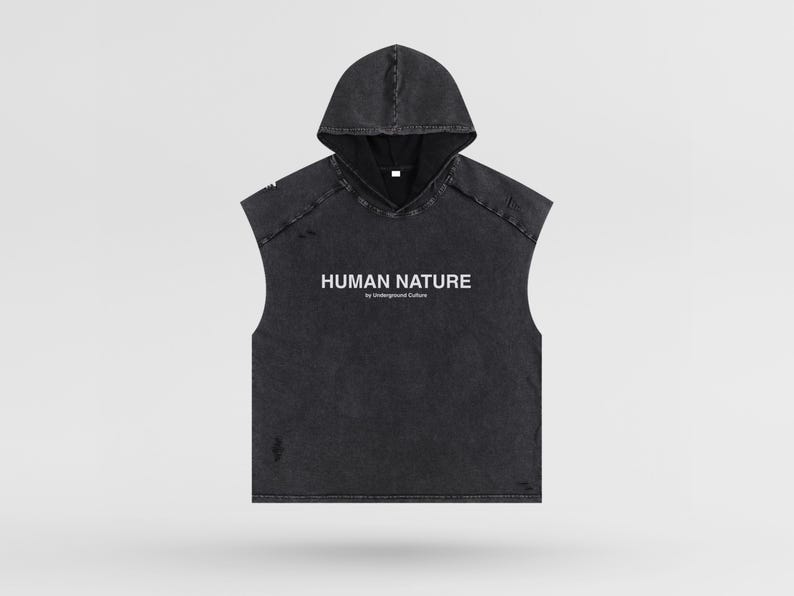 May include: A black sleeveless hoodie with a distressed look and a white logo that reads "HUMAN NATURE by Underground Culture".