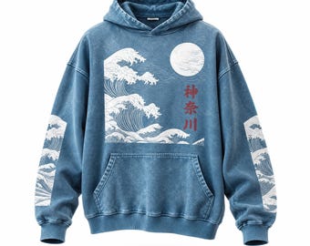 Felpa con cappuccio oversize retrò PREMIUM Kanagawa The Great Wave Snow Washed, alta qualità, streetwear giapponese, French Terry, design giapponese