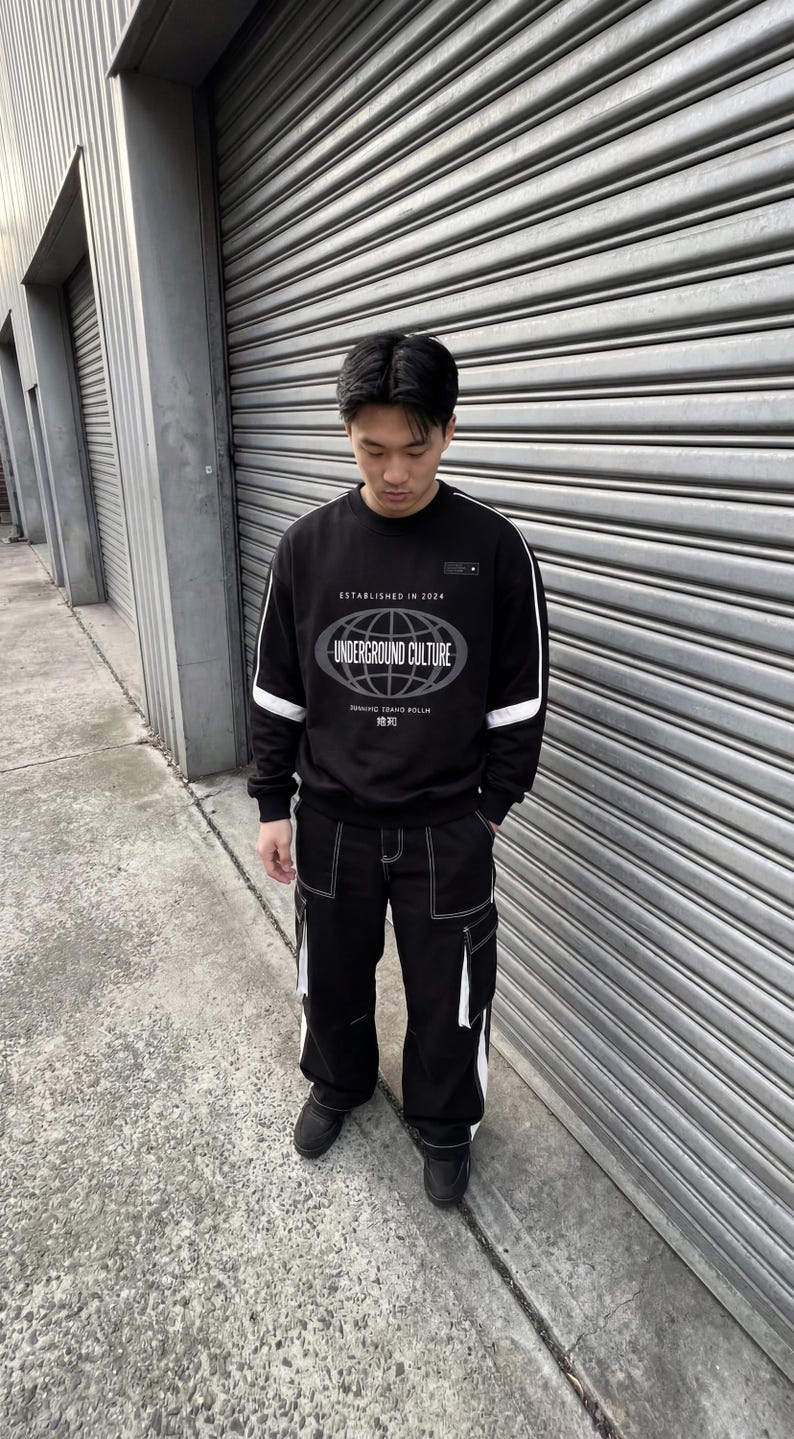 May include: A black long-sleeve sweatshirt with white sleeve stripes and a graphic featuring a globe, the text "ESTABLISHED IN 2024" and "UNDERGROUND CULTURE," paired with black cargo trousers featuring white contrast stitching and white side panels.