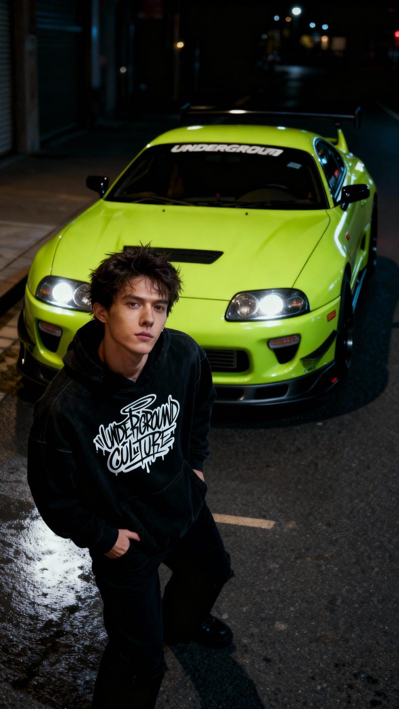 May include: A black hooded sweatshirt featuring the white text Underground Culture in a stylized font on the chest, worn with black pants, positioned in front of a bright lime green sports car with a rear wing and a windshield banner.