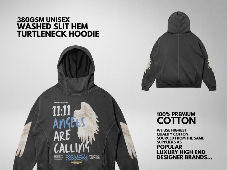May include: Dark gray unisex turtleneck hoodie with a hood and a slit hem. The front features the text "11:11 Angels Are Calling" with angel wing graphics. Made of 100% premium cotton.