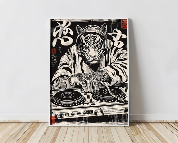 Tiger DJ Japanese Vintage Wood Block Poster Print | High Contrast