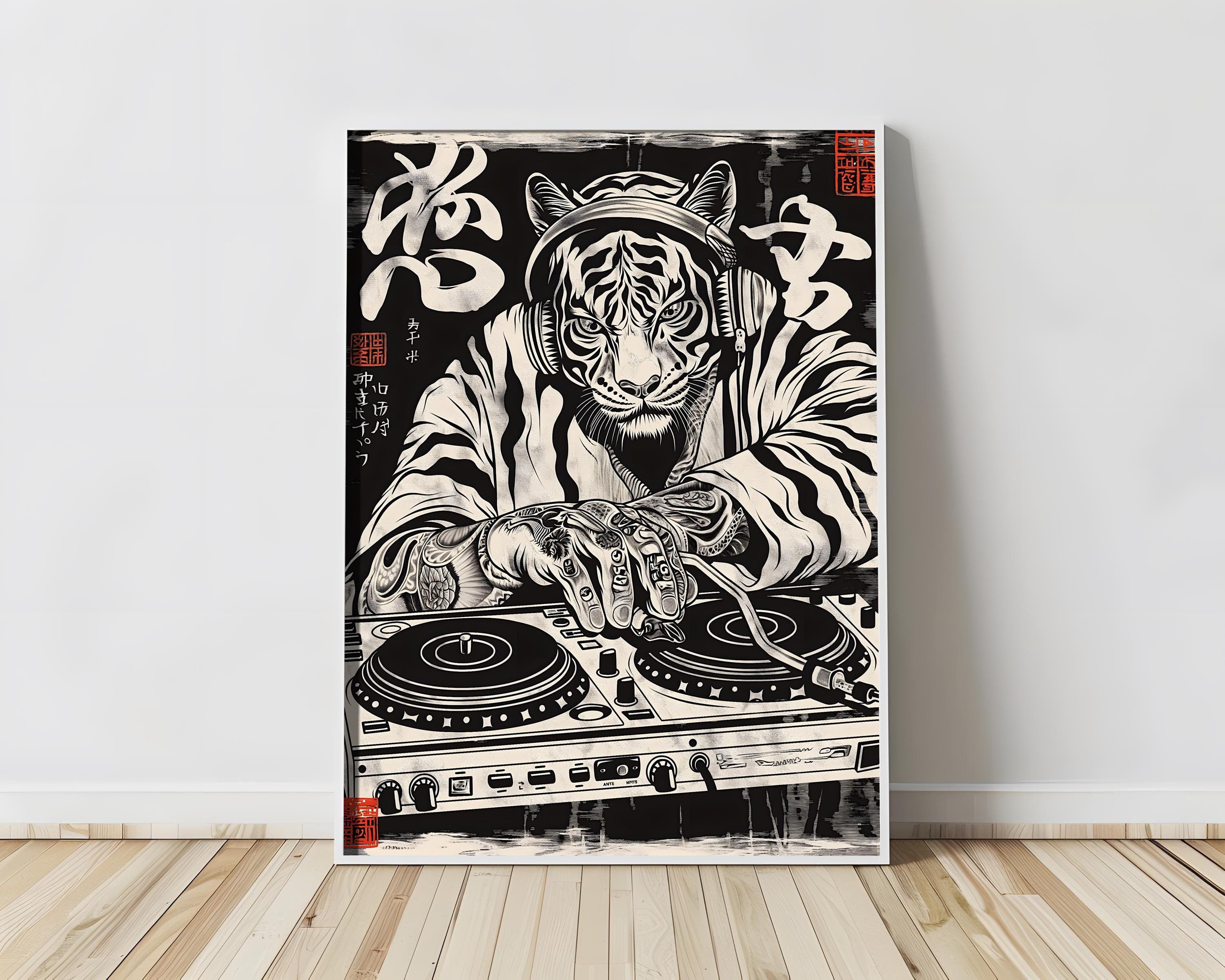 Tiger DJ Japanese Vintage Wood Block Poster Print | High Contrast
