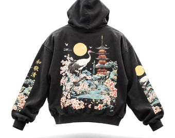 Felpa con cappuccio PREMIUM stile giardino giapponese – Felpa con cappuccio Gru Pagoda Sakura, streetwear giapponese, felpa con cappuccio fiori di ciliegio, felpa di alta qualità