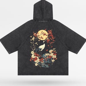 PREMIUM Japanese Garden Snow Washed Hooded Boxy T-Shirt, Crane, Sakura, Zen Japanese Streetwear, Traditional Tokyo Print