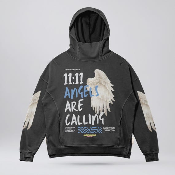 PREMIUM 11:11 Angels Are Calling Streetwear Hoodie w Turtleneck, Split Hem, Oversized, Angel Wings, Eleven Spiritual Sweatshirt French Terry