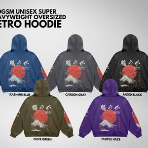 May include: Five hooded sweatshirts in different colors, each featuring a Japanese-inspired graphic design with a red sun, mountain, and birds. The colors are Kashmir Blue, Carbon Gray, Faded Black, Olive Green, and Purple Haze.