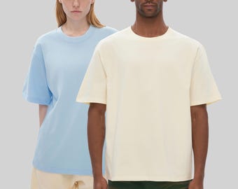 Camiseta unisex premium de algodón grueso de 300 g/m² con hombros caídos, color blanco. Ideal para regalar. Camiseta para hombre y mujer.