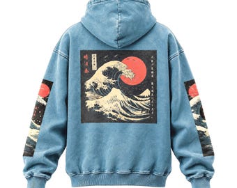 Felpa con cappuccio oversize Kanagawa Japanese Wave di alta qualità, lavaggio acido, streetwear giapponese, stampa Kanji sul retro, felpa con cappuccio trendy di alta qualità