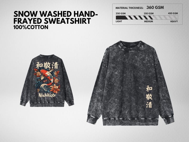 May include: A snow-washed, frayed sweatshirt made of 100% cotton. The dark gray sweatshirt features a Japanese-inspired design with a koi fish and floral elements on the back. The material thickness is 360 GSM.