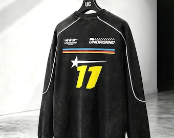 Sudadera de carreras urbanas, estilo Underground Culture, cuello redondo con ribetes de lavado mineral de primera calidad, dobladillo sin rematar de alta calidad y diseño moderno de carreras urbanas.