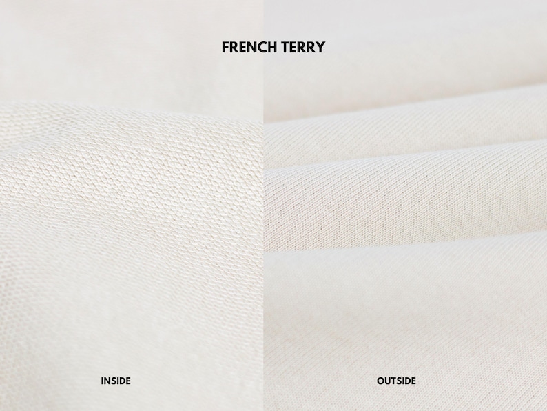 May include: Close-up of off-white French terry fabric. The image is split into two sections, with the left side labeled "INSIDE" showing a textured knit, and the right side labeled "OUTSIDE" showing a smooth, ribbed texture.