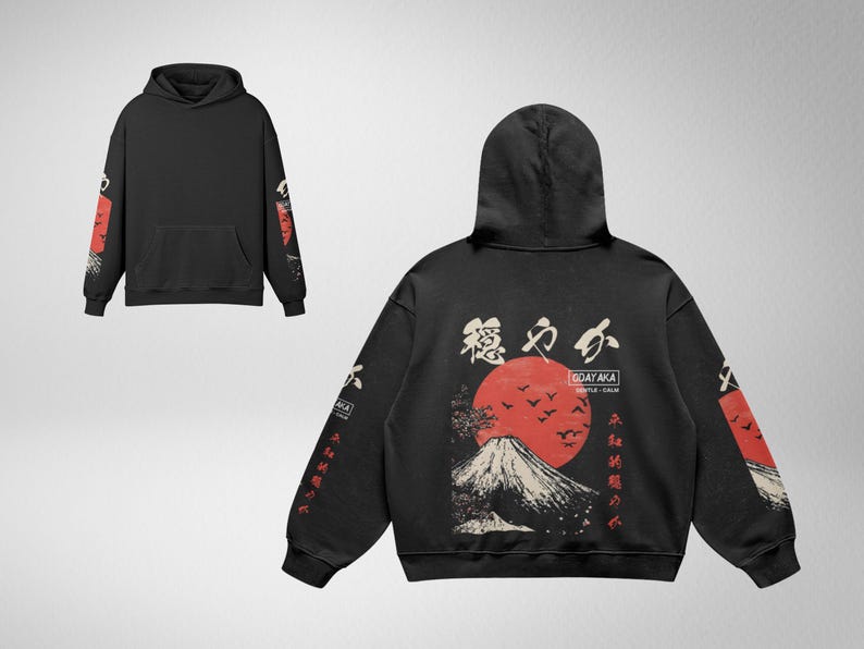 May include: Black hooded sweatshirt with a Japanese-inspired design featuring a red sun, a mountain, and Japanese characters. The text on the sweatshirt reads "GOAY AKA GENTLE - CALM".
