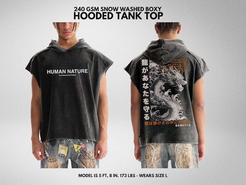 May include: A black hooded tank top with a distressed look. The front of the tank top has the text "HUMAN NATURE" printed on it. The back of the tank top has a graphic of a dragon with Japanese text. The model is 5 feet 8 inches tall and weighs 173 pounds. The model is wearing size L.