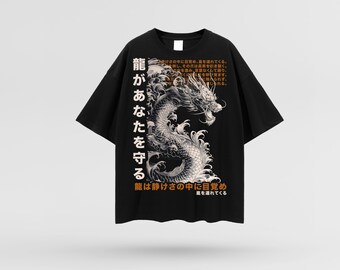 Japanese Dragon Oversize Deep Drop Shoulder Tee, Harajuku Dragon