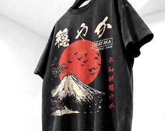 PREMIUM Odayaka Oversize Japanische Streetwear Acid Washed T-Shirt, Unisex, Berg Fuji Print, Japan Sun, Tokyo Fashion, hochwertiges Kanji Tee