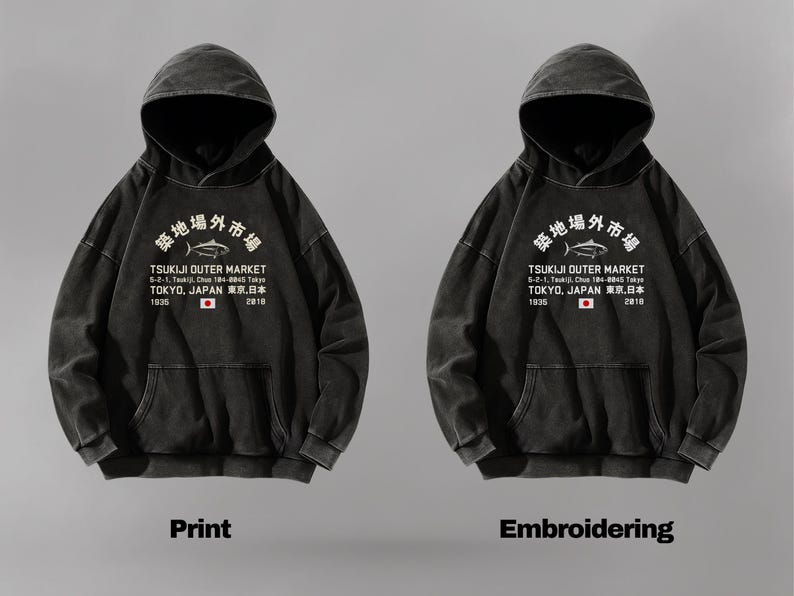 May include: A black hooded sweatshirt featuring a white graphic print of a fish and the text Tsukiji Outer Market, 5-2-1, Tsukiji, Chuo 104-0045 Tokyo, Tokyo, Japan, 1935, 2018, and a small Japanese flag. The text Print and Embroidering appear below.