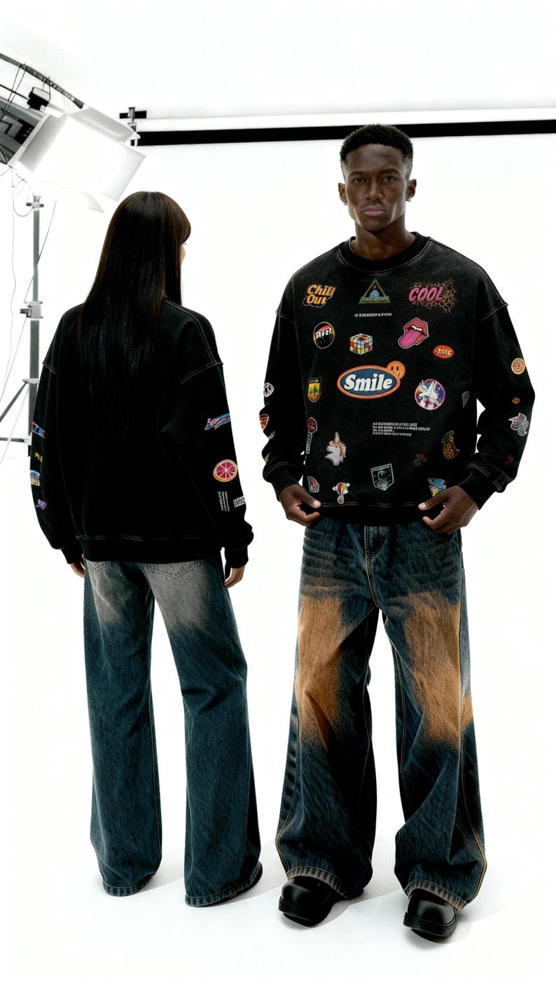 Pu&ograve; includere: Due persone indossano felpe nere con toppe colorate e le parole "Chill Out", "Cool" e "Smile". Indossano anche jeans blu con un design sfumato marrone. Lo sfondo &egrave; bianco.