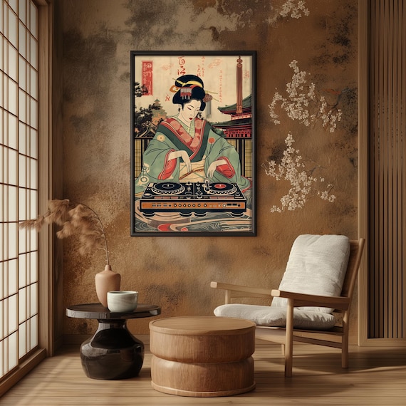 Japanese Geisha DJ Wall Art Print | Edo Period Geisha EDM Poster