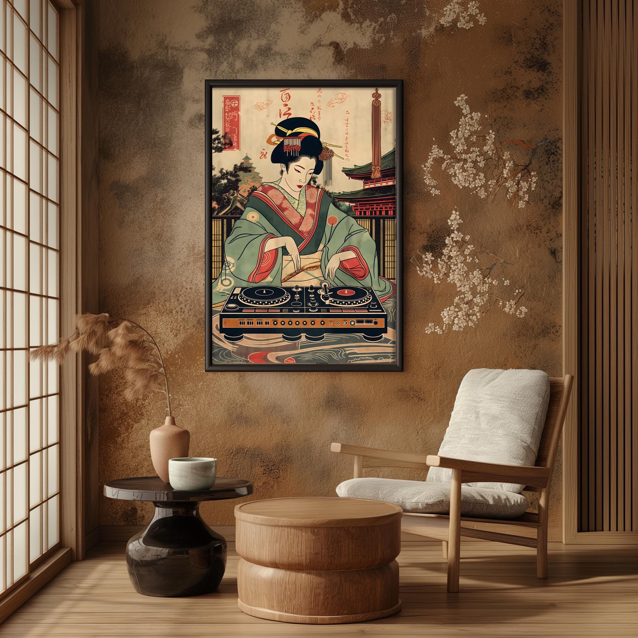 Japanese Geisha DJ Wall Art Print | Edo Period Geisha EDM Poster
