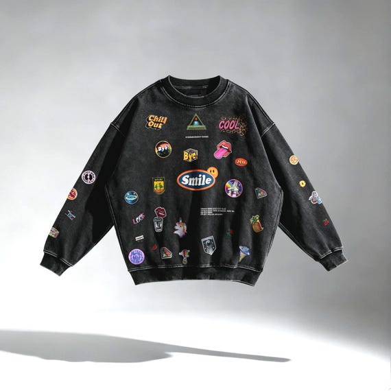 Faux Patches Streetwear Sweatshirt - 440 GSM Heavyweight Oversized Crewneck, Premium Quality Urban Fashion, Streetwear Style Men Women