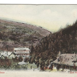 Cartão postal antigo colorido com glitter, Glen Helen Gardens, Ilha de Man, Grã-Bretanha #1253