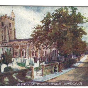 Cartão postal colorido antigo Igreja Paroquial de São Nicolau Sevenoaks, Kent Grã-Bretanha #