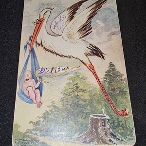 Carte postale couleur ancienne 1909 Nouveau bébé cigogne « Je viens d'arriver » #773