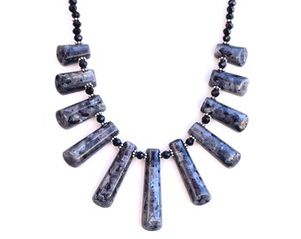Blue Pearl Larvikite & Black Spinel Graduated Collar Necklace Set, Sterling Silver, Matching Earrings OOAK Artisan Jewelry, Gift Box