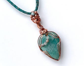 Genuine Amazonite Stone Pendant, Solid Copper Wire Wrap, Black Gold Amazonite Beads, Genuine Leather Cord, Copper Hook Clasp, Gift Box