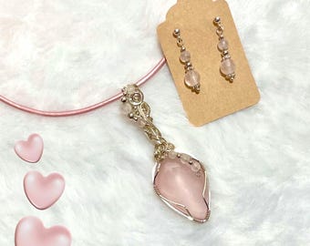 Rose Quartz Pendant and Earring Set, Sterling Silver Wire Wrap, Pink & Clear Quartz Beads, Leather Necklace, Handmade Love Gift