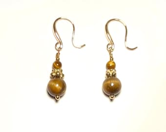 Tiger’s Eye Earrings, Natural Chatoyant Gemstone Beads, Gold Plated Ear Wires, Earthy Golden Brown Dangle Earrings