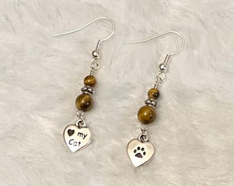 Tigers Eye and Paw Prints, Love My Cat Charms, Dangle Earrings, Silver Tones, Natural Stones, Cats Eye Effect, Personally Handmade