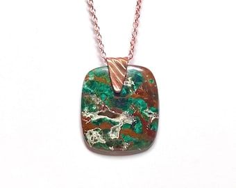 Natural Chrysocolla Pendant on Copper Chain, Green Brown Organic Matrix & Light Druzy, Hand Cut Cabochon, Red Bronze Bail, Artisan Jewelry
