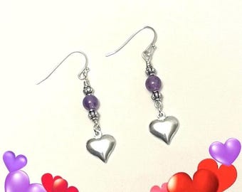 Amethyst Heart Charm Dangle Earrings, Silver Tone Drops, Lightweight Purple Stone Earrings, Handmade Valentine Gift