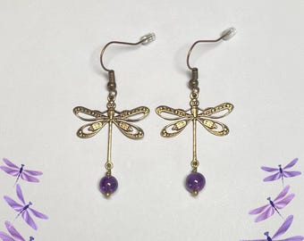 Dragonflies and Genuine Amethyst Dangle Earrings, Antique Brass Tones, Magic Garden Earth Wear, Nature Inspired, Semiprecious Gems, Handmade