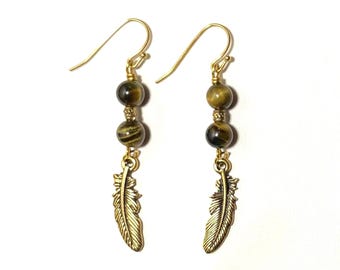 Hawk’s Eye Feather Earrings, Gold Dangle Earrings, Falcon’s Eye Gemstone Jewelry, Nature Inspired Earrings, Handmade Gift for Her