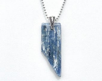 Blue Kyanite Shard Pendant Necklace, Raw Crystal Stone, Silver Bead Chain, Minimalist Handmade Jewelry