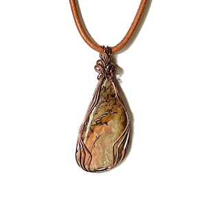 Picturesque Jasper, Natural Scenic Dendritic Stone, Antiqued Copper Hand Wire Wrapped, Genuine Leather Cord & Copper Hook Clasp, Gift Box