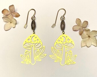 Midnight Mushroom Smoky Quartz Dangle Earrings, Laser Etched Brass Charms, Natural Semiprecious Gem Beads, Personally Handmade, Unique Gift