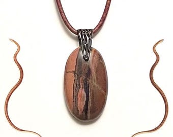 Australian Snakeskin Jasper Pendant, Handmade Natural Gemstone on Genuine Leather Cord, Gunmetal Plate, Gift Box